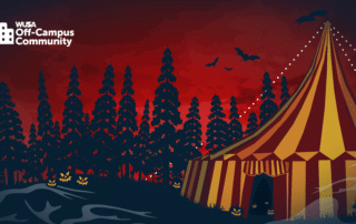 WUSA Off-Campus Community graphic for The Ringmaster’s Revenge featuring a circus tent in a spooky forest at night.