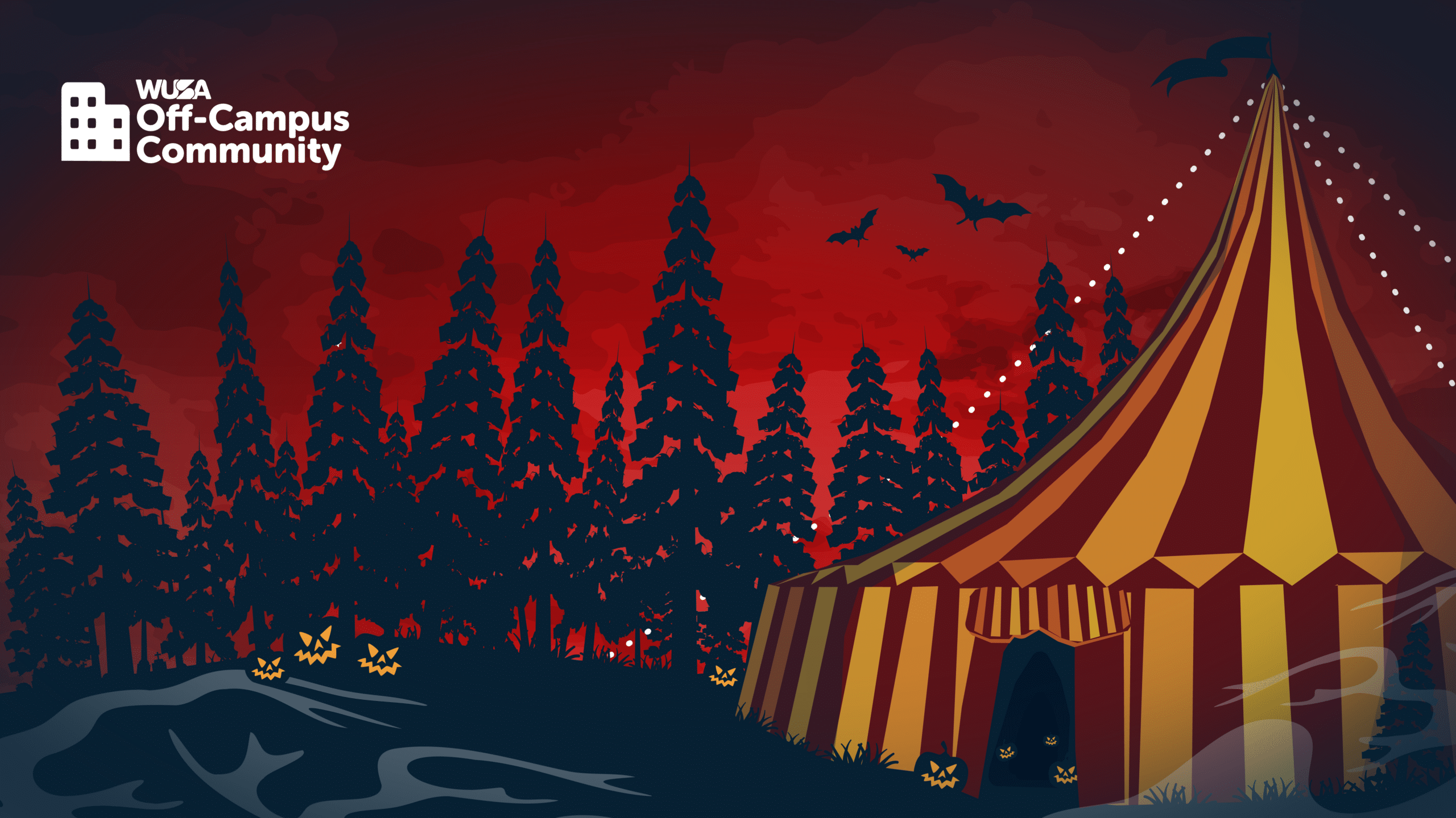 WUSA Off-Campus Community graphic for The Ringmaster’s Revenge featuring a circus tent in a spooky forest at night.