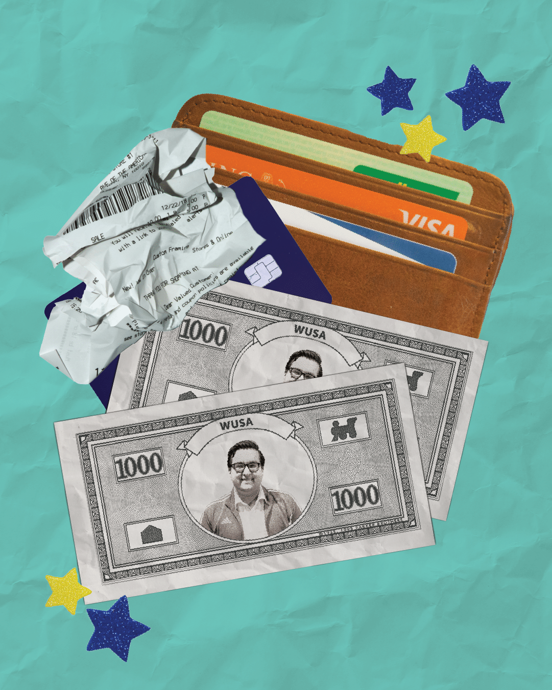 A wallet with cards, crumpled receipts, and two $1000 bills sits on a blue background with stars—ready for you to win the Ultimate Experience Prize Pack from WUSA.