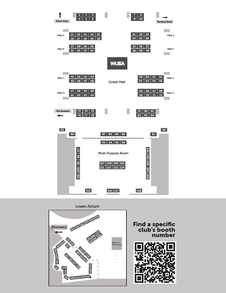 Event floor plan with numbered booths, entrance labels, and a QR code for finding specific club and society booth numbers at the fair.