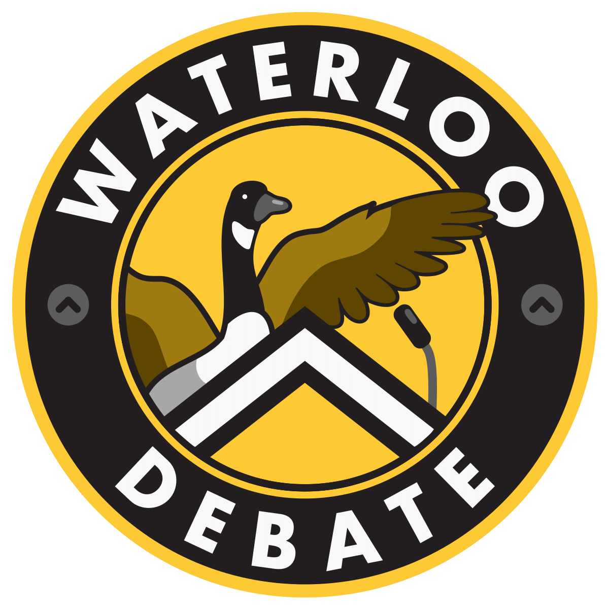 A Canada goose with spread wings above a podium, microphone, and the words “Waterloo Debate” in a circle—capturing the spirit of dialogue and teamwork inspired by events like the Unity Cup 2026 football tournament.