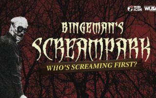 Event poster for Bingeman’s Screampark featuring a masked figure and the text “Who’s screaming first?”.