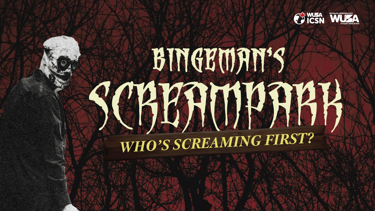 Event poster for Bingeman’s Screampark featuring a masked figure and the text “Who’s screaming first?”.