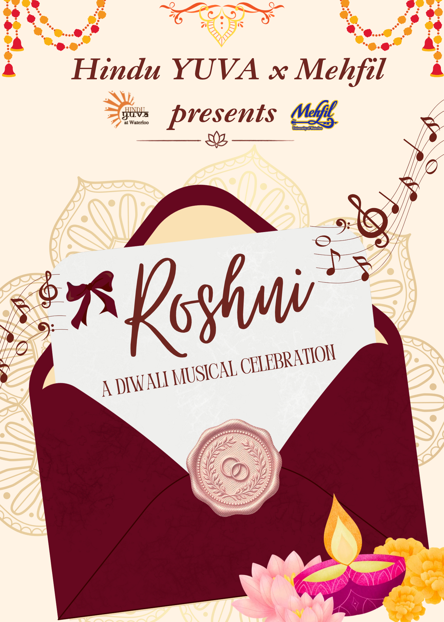 Event poster for Roshni, a Diwali musical celebration presented by Hindu Yuva and Mehfil.