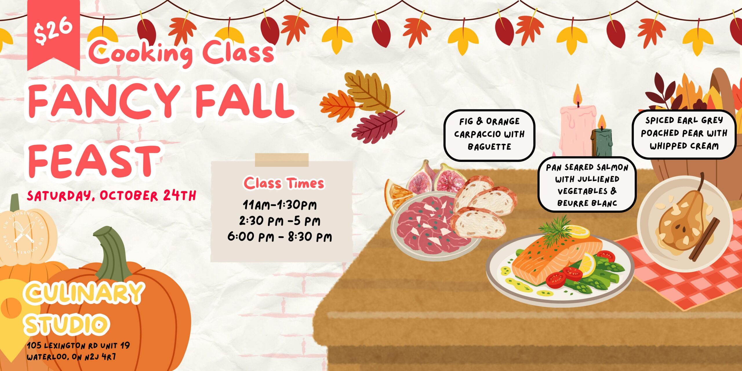 Flyer for a “Fancy Fall Feast” cooking workshop on October 24th, detailing menu items and three session times.