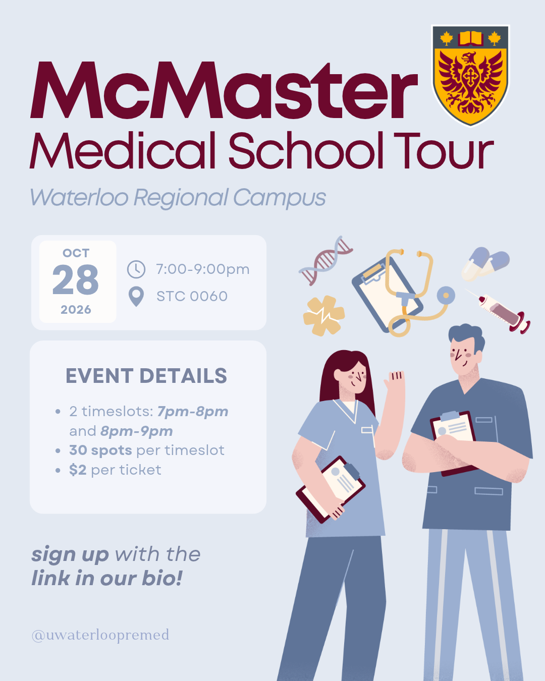 Poster for a McMaster Medical School tour at the Waterloo Regional Campus on October 28, 2026.