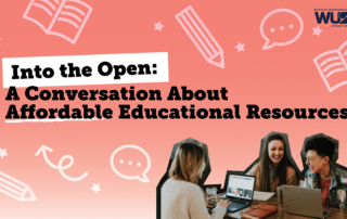 Event flyer featuring three students titled “Into the Open: A Conversation About Affordable Educational Resources.”.