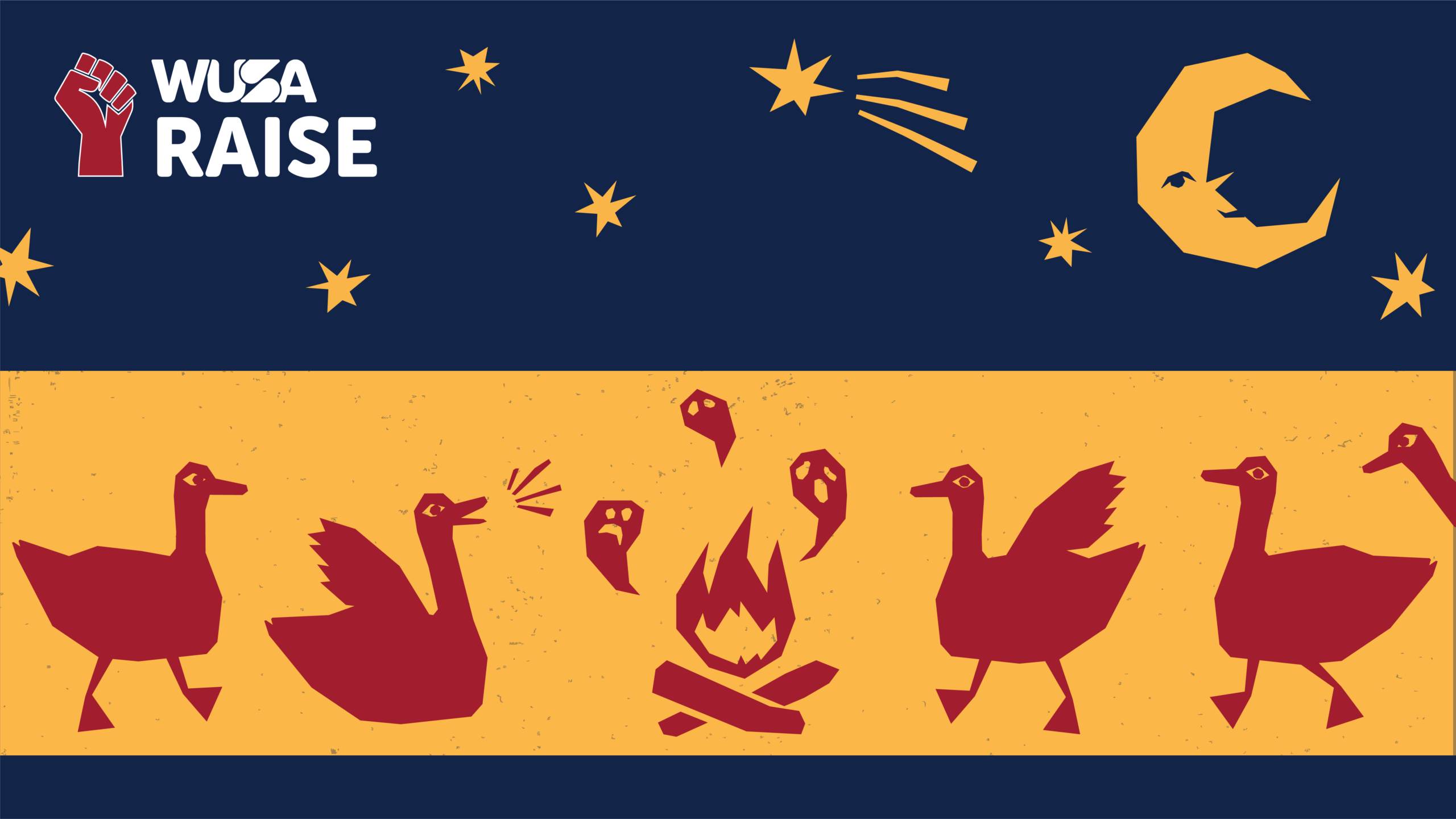 Five geese gather around a campfire under a crescent moon, evoking a scene from haunted folklore and the WUSA RAISE logo.
