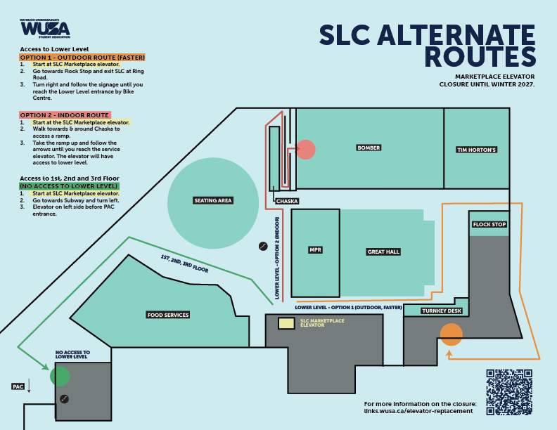 Map of SLC elevator modernization routes with written directions and a QR code for the elevator refurbishment.