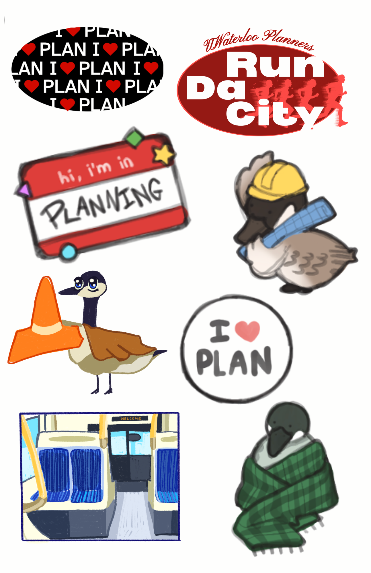 PSA Sticker Sheet featuring planning-themed illustrations, text, and geese in various settings.
