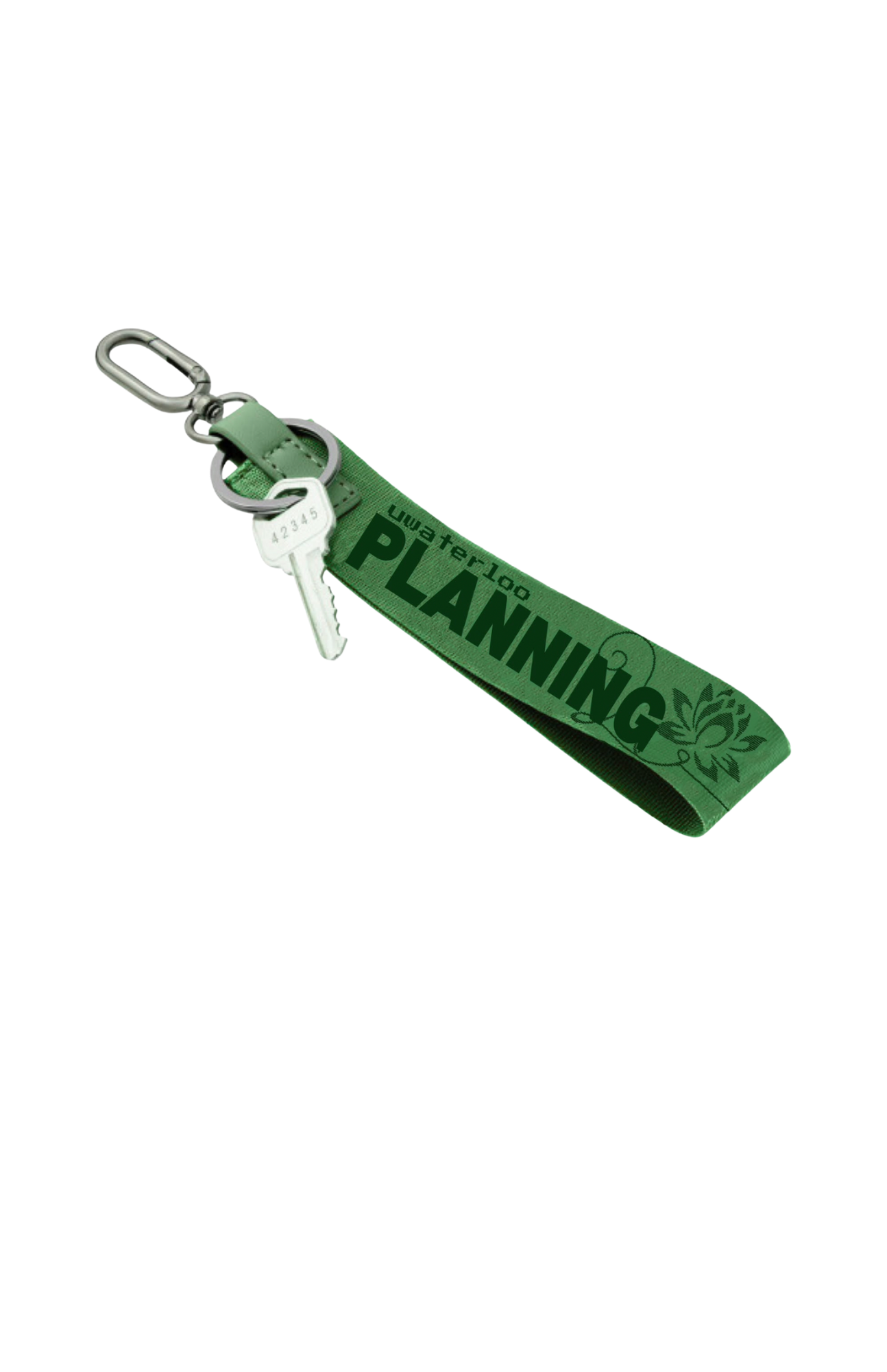 Green PSA - Planning Lotus Lanyard with a metal clip and key, featuring “uwaterloo PLANNING” and a lotus icon.