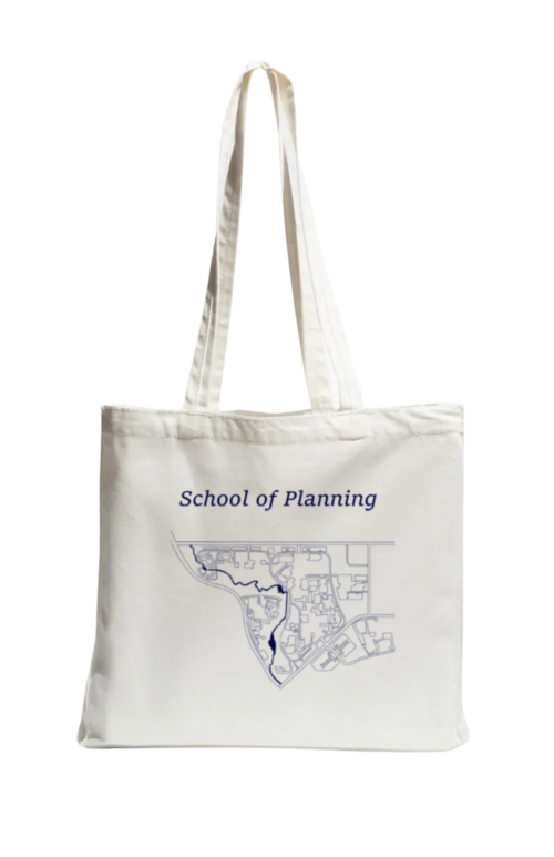 PSA - School of Planning Tote Bag: white canvas tote featuring a blue line-drawing map.