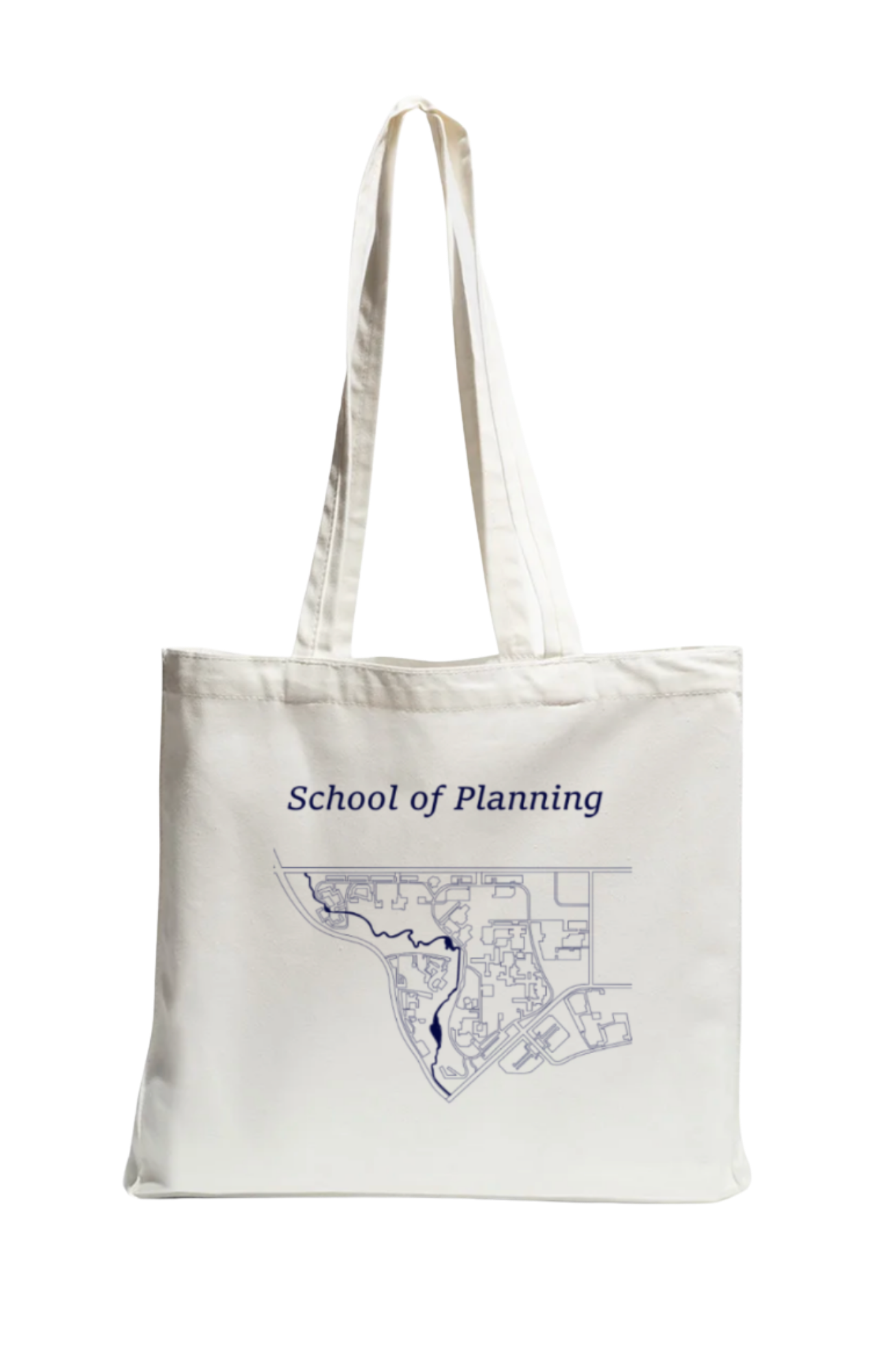PSA - School of Planning Tote Bag: white canvas tote featuring a blue line-drawing map.