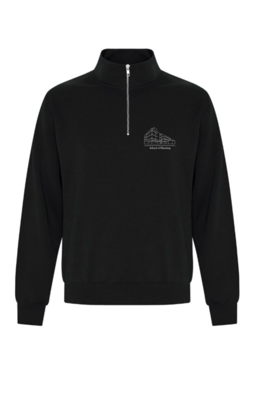 Black PSA - Planning W’26 Quarterzip featuring a white line-art building icon and the text “School of Planning.”
