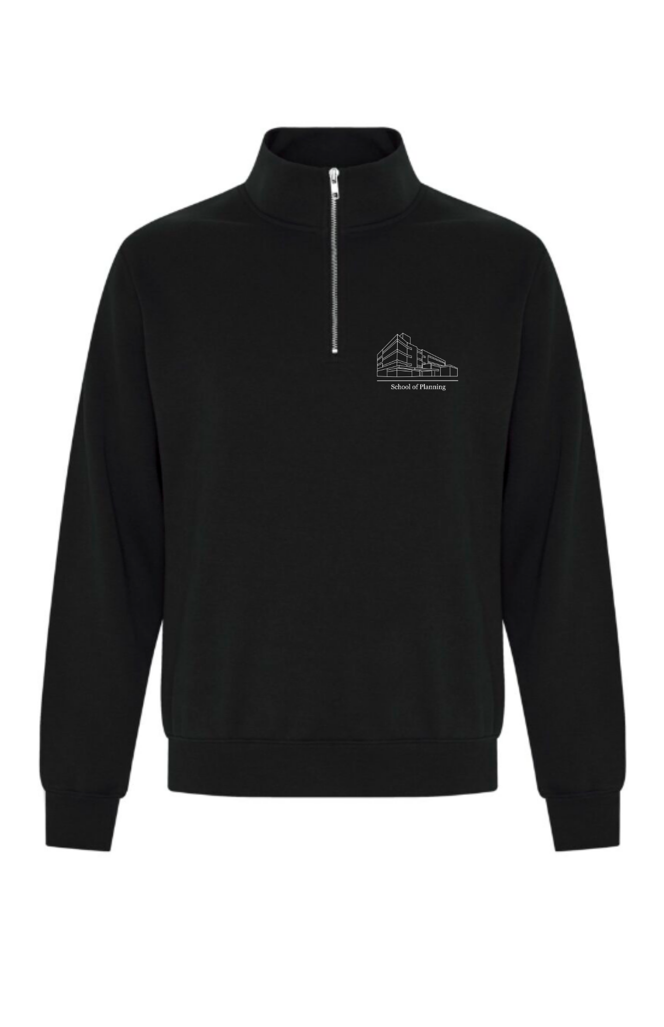 Black PSA - Planning W’26 Quarterzip featuring a white line-art building icon and the text “School of Planning.”