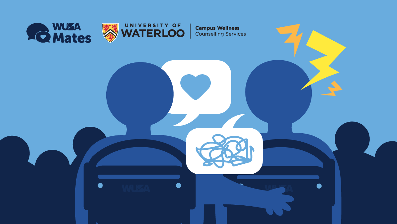 Two people in a crowd with speech bubbles showing a heart and scribbles, representing a stress response.