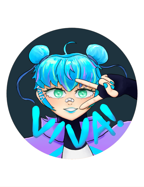 An anime-style VTuber with blue hair making a peace sign for VTuber Innovation & Virtual Art Club - Donations.